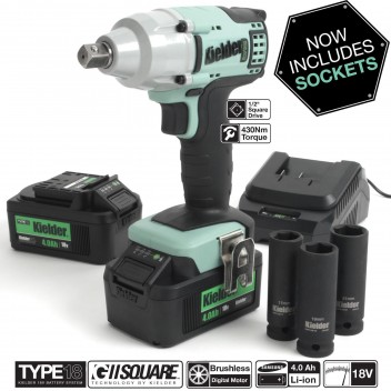 Image for Kielder 1/2 Inch Drive Impact Wrench 18V With 2 x 4.0 AH Batteries And 3 x Impact Sockets
